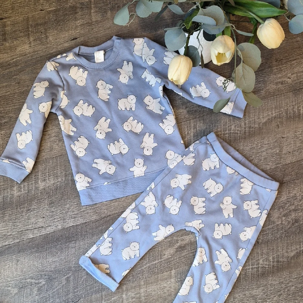 H&M Light Blue Baby Outfit with Bear Design 2T